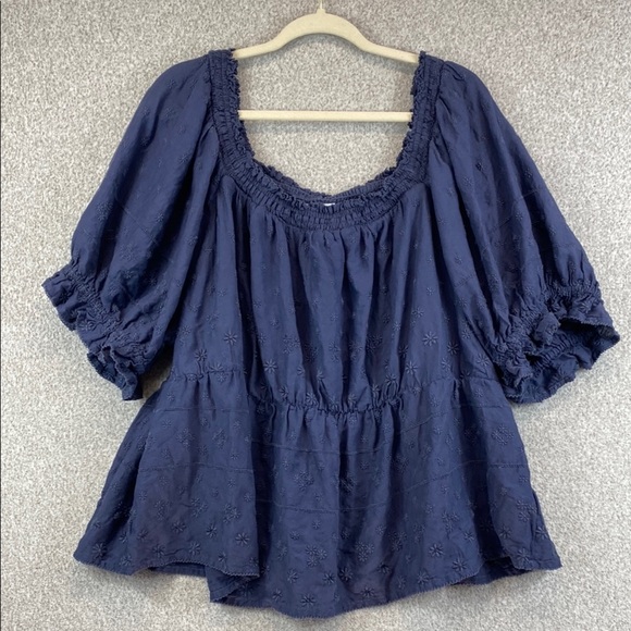 Old Navy peasant blouse boho cottagecore navy nautical peplum 3X eyelet - Picture 1 of 8
